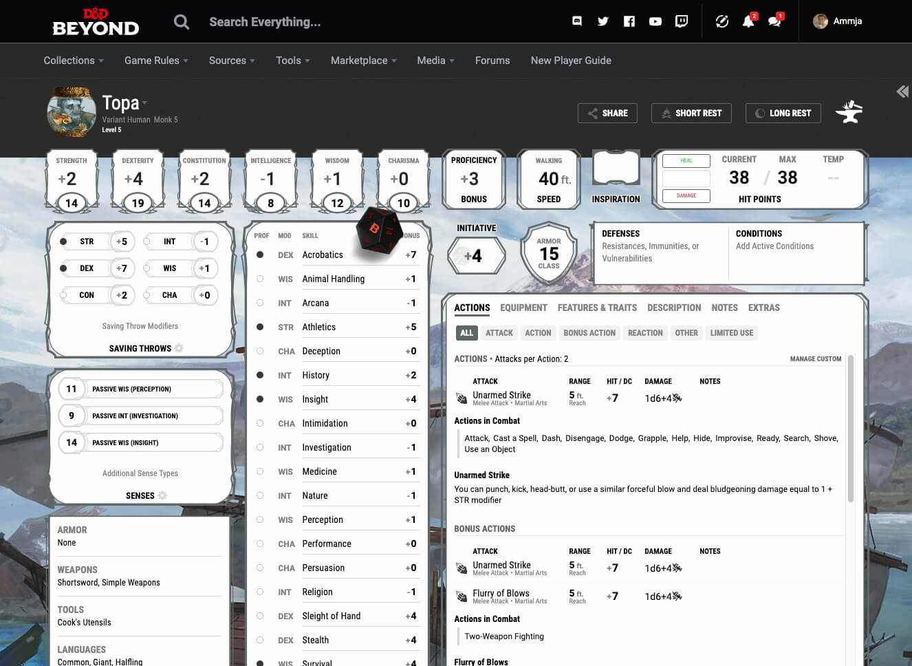 D&D Beyond Character Sheet with Digital Dice